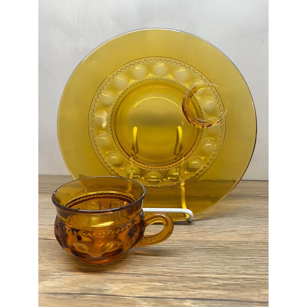 Vintage MCM Indiana Glass Kings Crown Amber Glass Snack Plate and Cup Set